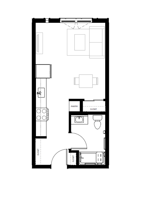 A black and white image of a floor plan for a small apartment.
